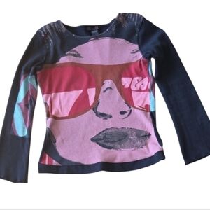 Custo Barcelona Black and Pink Artistic Long Sleeve Teeshirt Top